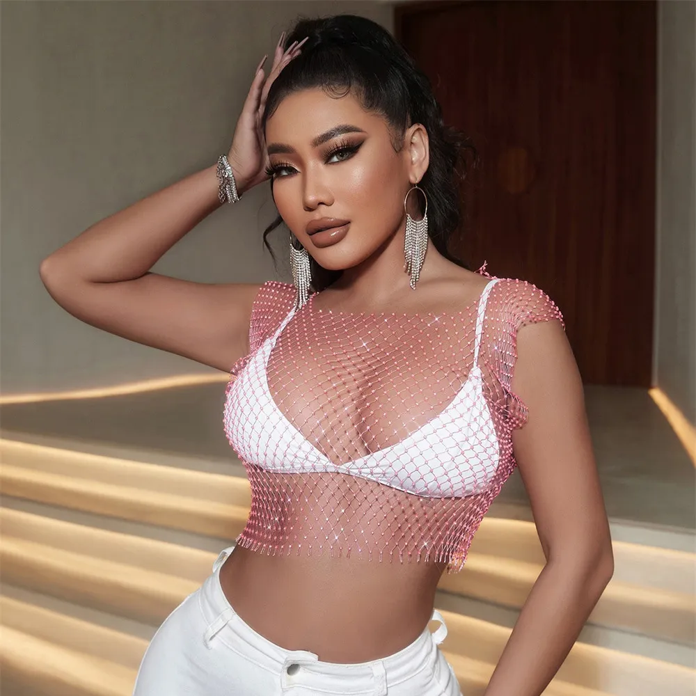Women Sequin Rhinestone Hollow Slim-Fit Square Neck Crop Top
