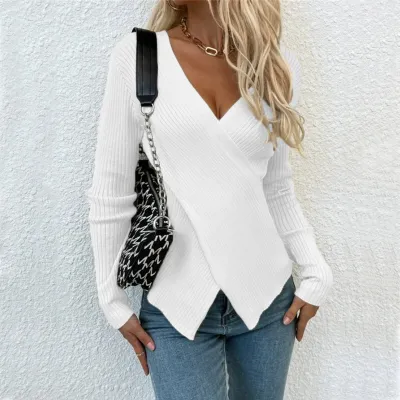 Women Casual Solid Color Irregular Cross Knit Pullover Sweater