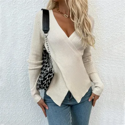 Women Casual Solid Color Irregular Cross Knit Pullover Sweater
