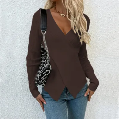 Women Casual Solid Color Irregular Cross Knit Pullover Sweater