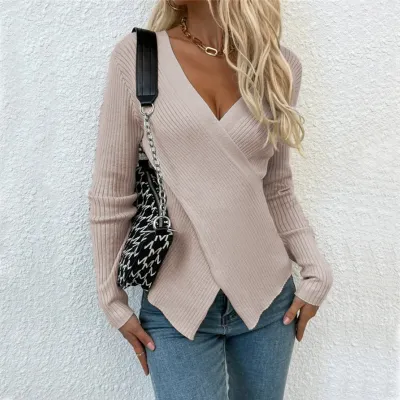 Women Casual Solid Color Irregular Cross Knit Pullover Sweater