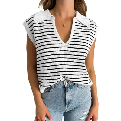Women Casual Stripe V-Neck Sleeveless Knitted Sweater