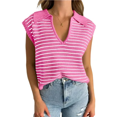 Women Casual Stripe V-Neck Sleeveless Knitted Sweater