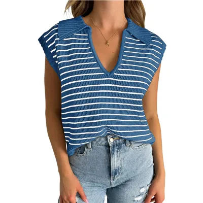 Women Casual Stripe V-Neck Sleeveless Knitted Sweater