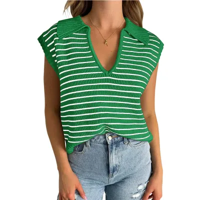 Women Casual Stripe V-Neck Sleeveless Knitted Sweater