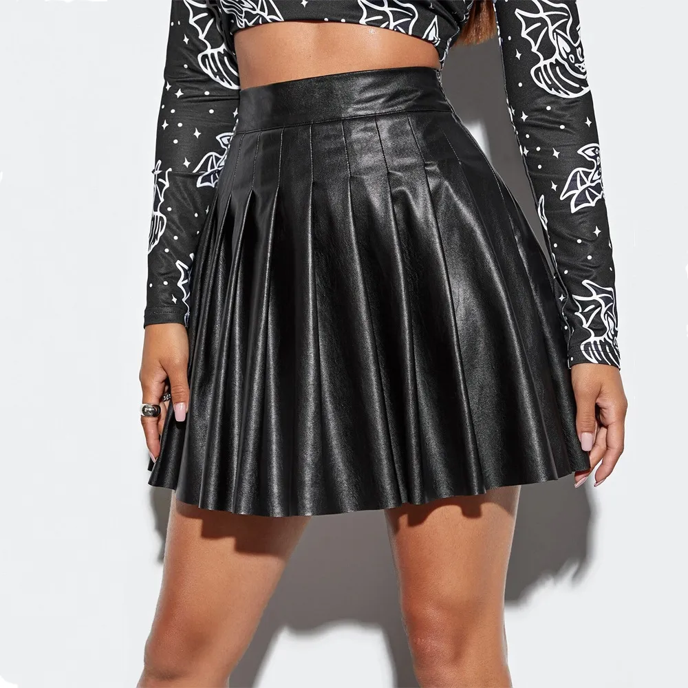 Women Fashion Sexy Solid Color PU Leather Pleated Skirt