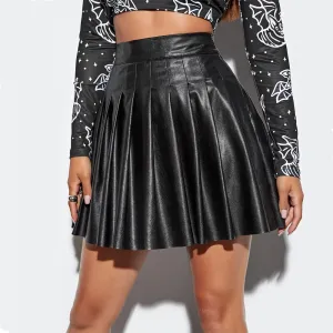Women Fashion Sexy Solid Color PU Leather Pleated Skirt