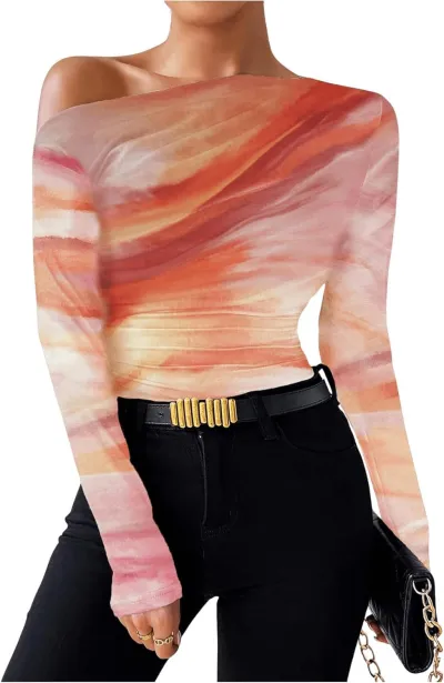 Women Tie-Dye Printed Asymmetric Ruffled Blouse