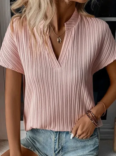 Women Casual Solid Color V-Neck Short Sleeve Polyester Blouse