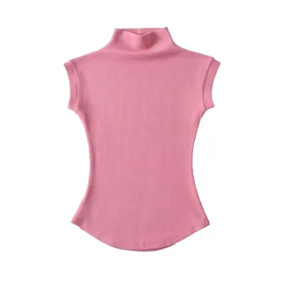 Women Fashion Sexy Solid Color Half-High Neck Sleeveless Slim T-Shirt