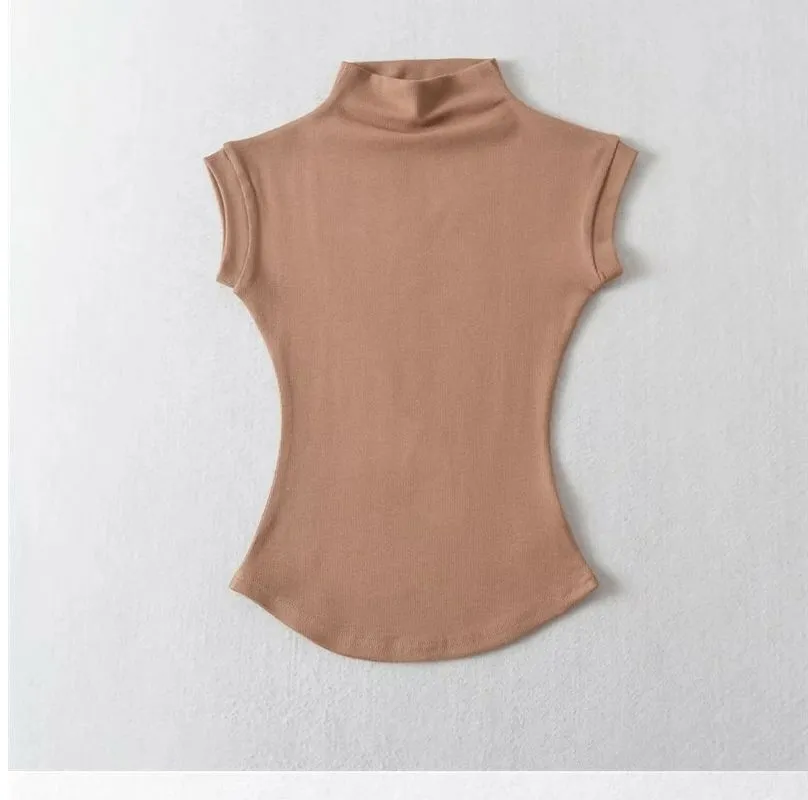 Women Fashion Sexy Solid Color Half-High Neck Sleeveless Slim T-Shirt