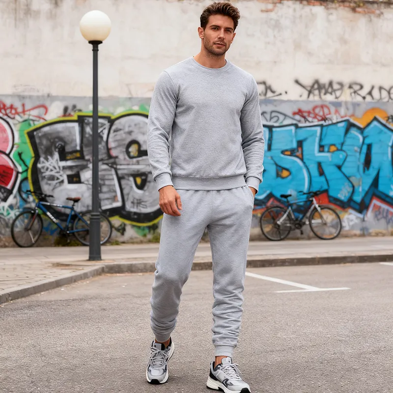 Men Autumn Winter Casual Basic Solid Color Long Sleeve Sweatshirt Pants Set