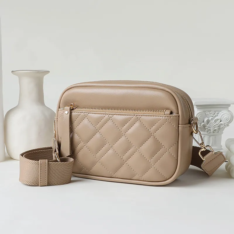 Women Fashion Casual Solid Rhombic Wide Strap Crossbody Bag PU Street Trend Small Square Zipper
