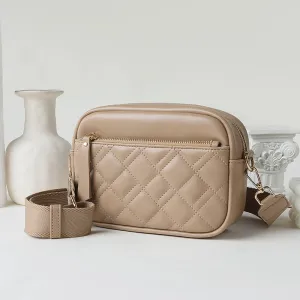 Women Fashion Casual Solid Rhombic Wide Strap Crossbody Bag PU Street Trend Small Square Zipper