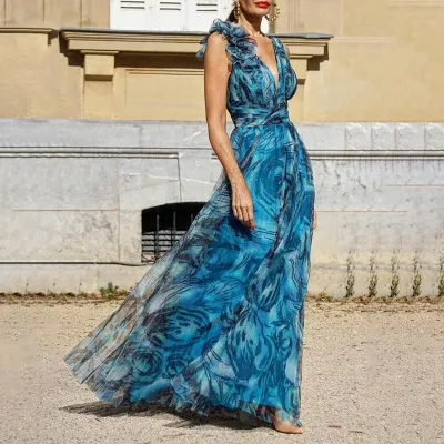 Women Fashion Vacation Boho Geometric Printed V-Neck Sleeveless Dress