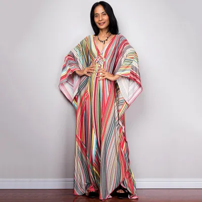 Women Fashion Casual Vacation Stripe Floral Printed Sunscreen Long Cover-Ups