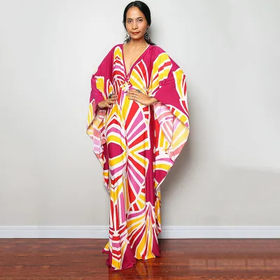 Women Fashion Casual Vacation Stripe Floral Printed Sunscreen Long Cover-Ups