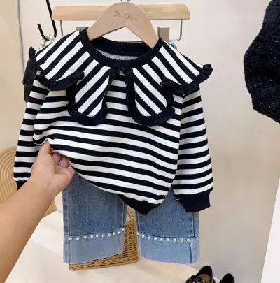 Kids Toddler Girls Casual Cute Stripe Long Sleeve Sweatshirt Jeans Two Piece Set