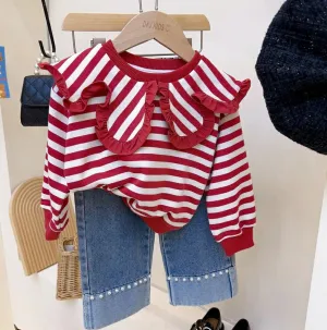 Kids Toddler Girls Casual Cute Stripe Long Sleeve Sweatshirt Jeans Two Piece Set