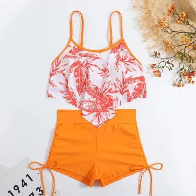 Women Fashion Multicolor Printed Lotus Leaf Camisole Top Drawstring Shorts Tankini Set