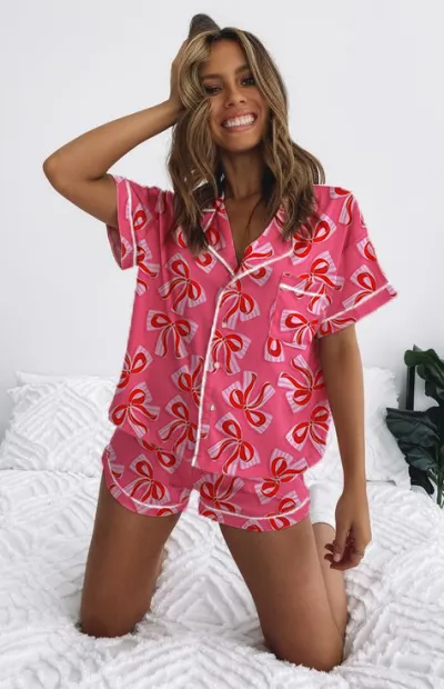Women's Casual Strawberry Printed Short-Sleeve Top and Shorts Pajama Set