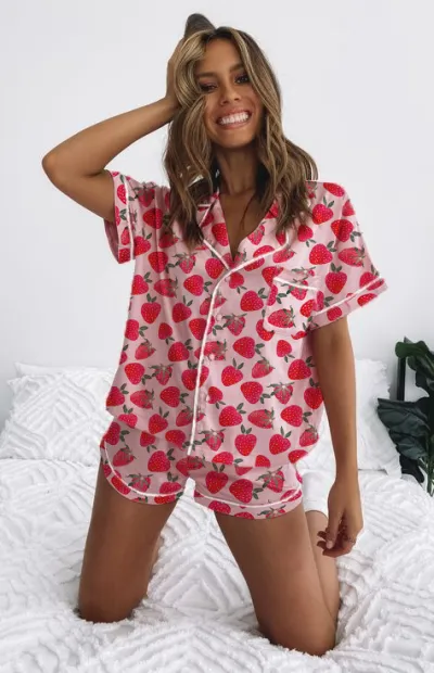 Women's Casual Strawberry Printed Short-Sleeve Top and Shorts Pajama Set