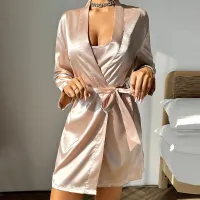 Conjunto de pijama sexy de satén a rayas con encaje y patchwork para mujer