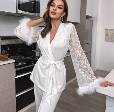 Women Elegant Stitching Lace V-Neck Long-Sleeve Lace-Up Top Loose Pants Pajamas Set