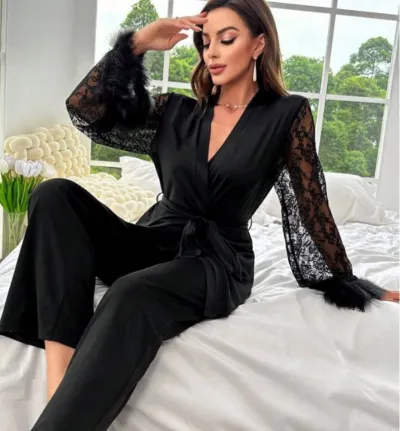 Women Elegant Stitching Lace V-Neck Long-Sleeve Lace-Up Top Loose Pants Pajamas Set