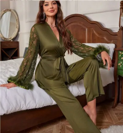 Women Elegant Stitching Lace V-Neck Long-Sleeve Lace-Up Top Loose Pants Pajamas Set