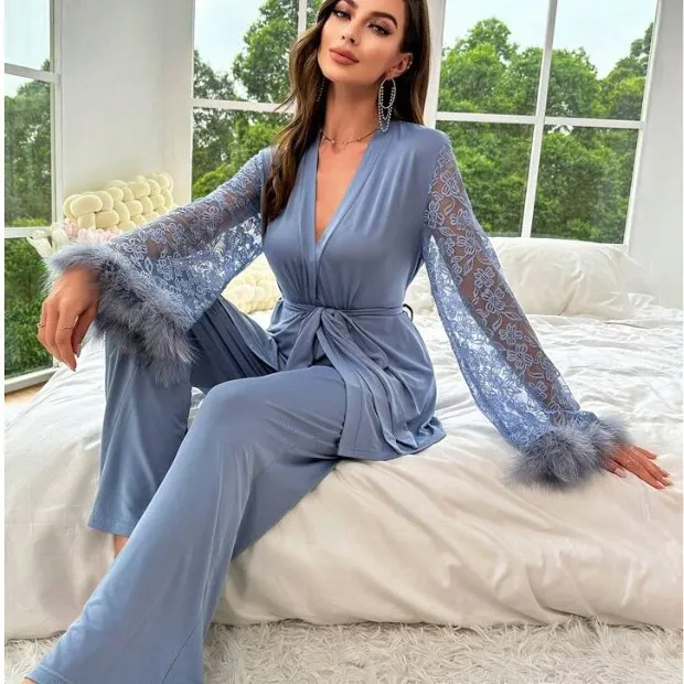 Women Elegant Stitching Lace V-Neck Long-Sleeve Lace-Up Top Loose Pants Pajamas Set