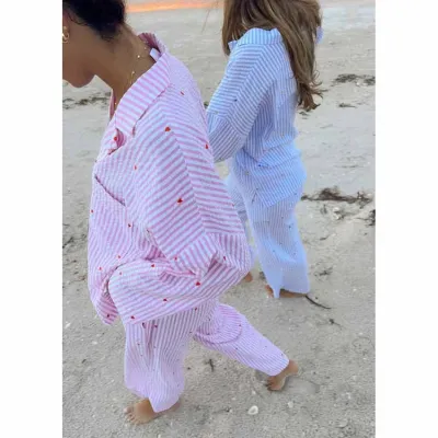Women's Casual Stripe Heart-Shaped Embroidered Long-Sleeved Top Loose Pants Pajamas Set