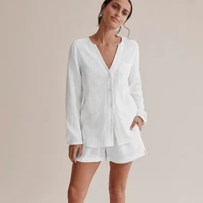 Women Casual Solid Color Double Gauze Cotton Long Sleeve Shorts Pajamas Set