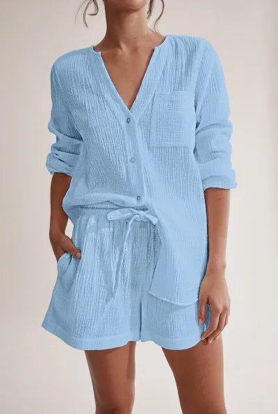 Women Casual Solid Color Double Gauze Cotton Long Sleeve Shorts Pajamas Set