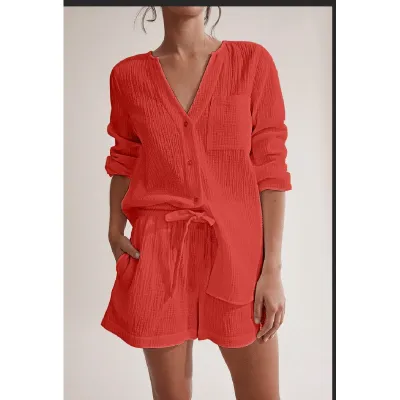 Women Casual Solid Color Double Gauze Cotton Long Sleeve Shorts Pajamas Set