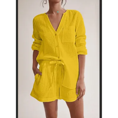 Women Casual Solid Color Double Gauze Cotton Long Sleeve Shorts Pajamas Set