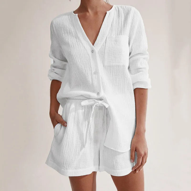 Women Casual Solid Color Double Gauze Cotton Long Sleeve Shorts Pajamas Set