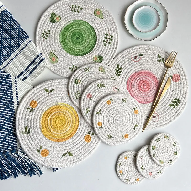 Fashion Creative Printed Braided Cotton Rope Round Placemat Coaster - Nordic Style Home Kitchen Coaster
