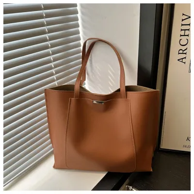 Women Urban Simplicity Solid Color Large Capacity PU Tote Shoulder Bag