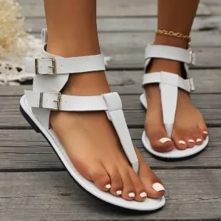 Women Casual Solid Color Belt Buckle Flat Heel Thong Sandals Plus Size