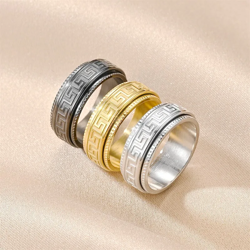 Men Fashion Simple Pattern Titanium Steel U-Shape Antique Ring