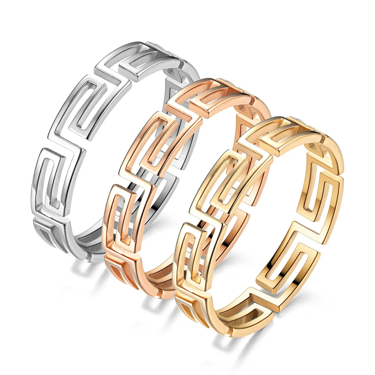 Fashion Creative Simple Great Wall Pattern Hollow Titanium Steel Ring for Women