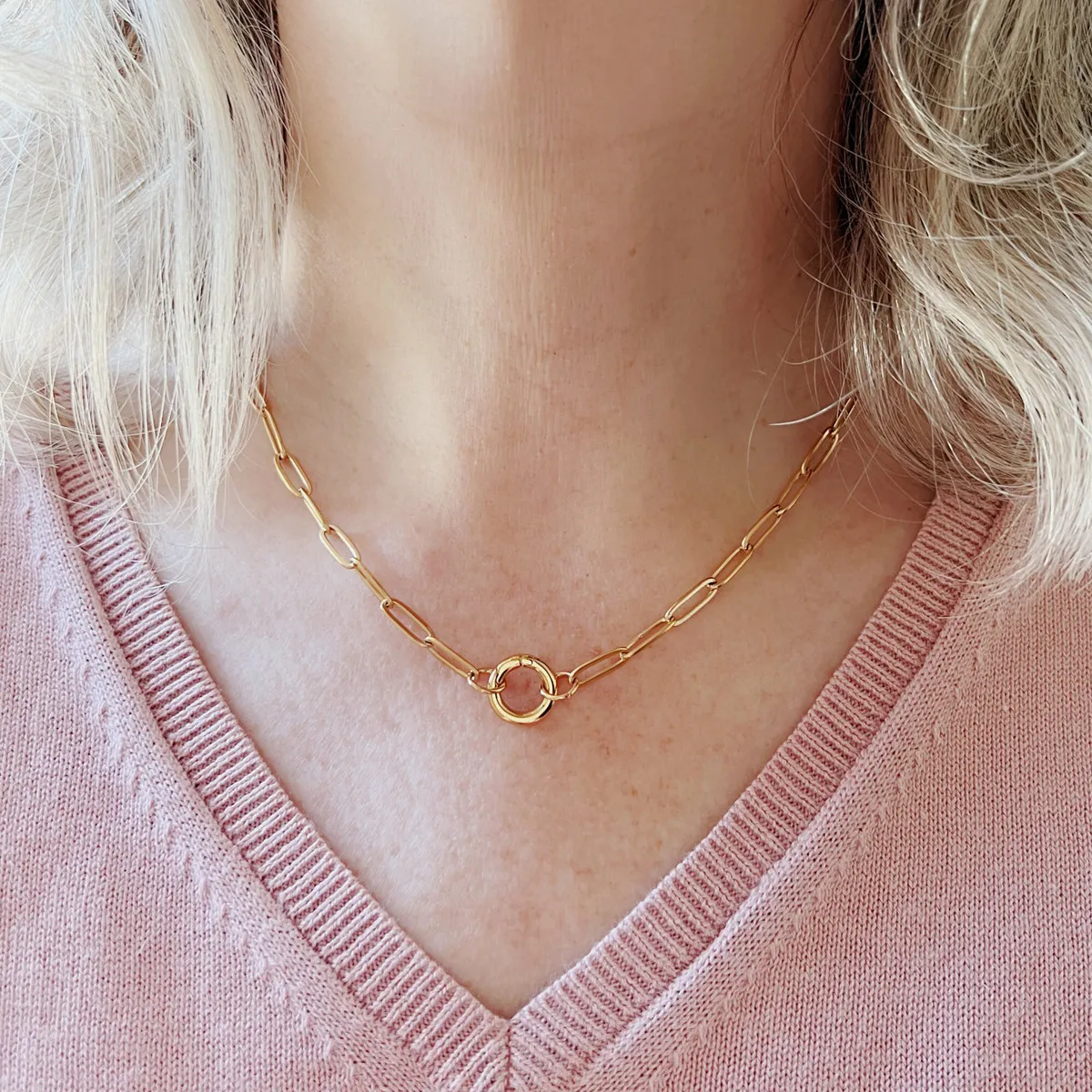 Fashion Simple Stainless Steel Paper Clip Circle Pendant Chain Necklace