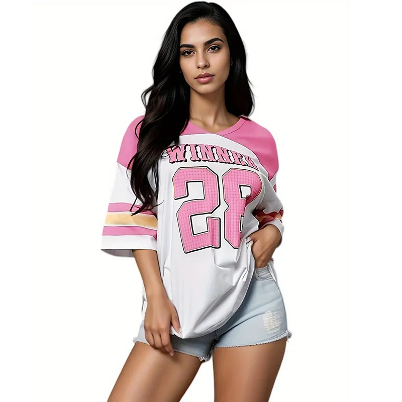 Plus Size Women Sports Loose Digital Printing Color Contrast Basketball Jersey V-Neck T-Shirt