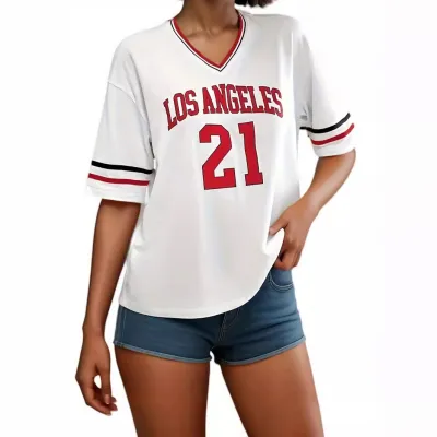 Striped Trim V-Neck Ribbon Half-Sleeve Loose Women Jersey T-Shirt