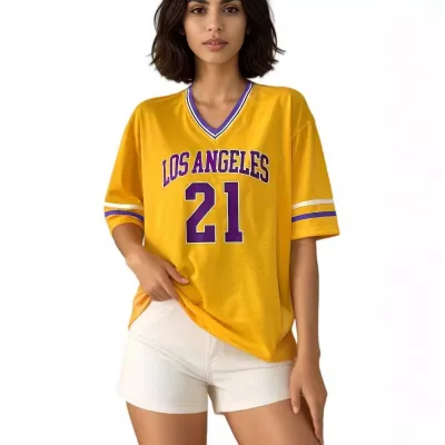 Striped Trim V-Neck Ribbon Half-Sleeve Loose Women Jersey T-Shirt