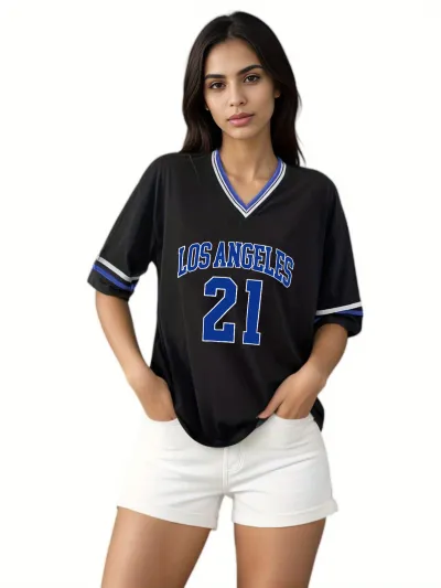 Striped Trim V-Neck Ribbon Half-Sleeve Loose Women Jersey T-Shirt
