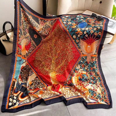 Women Fashion Printed Large Square Silk-Like Scarf 110x110