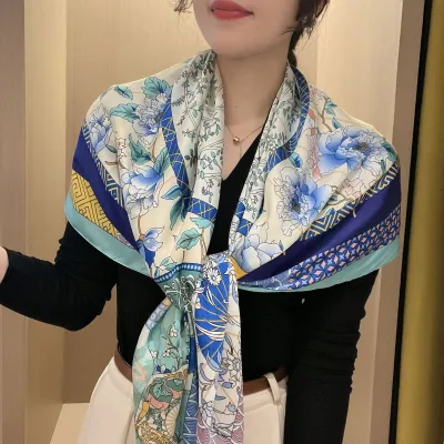 Women Fashion Printed Large Square Silk-Like Scarf 110x110