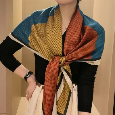 Women Fashion Printed Large Square Silk-Like Scarf 110x110